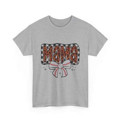 Mama Baseball Tee — Leopard Print Mama with Bow Sports Mom Shirt