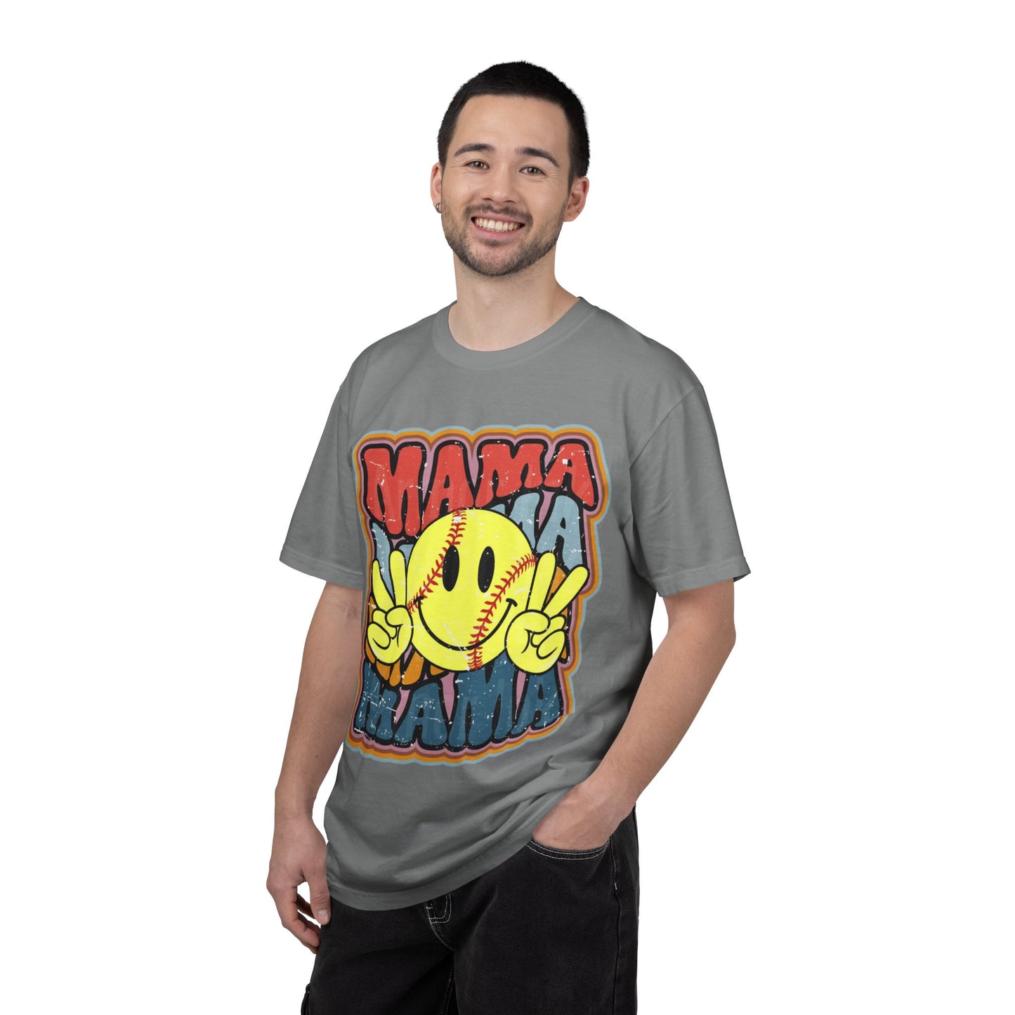 Mama Softball Smile T-Shirt — Retro Peace Sign Softball Mom Tee