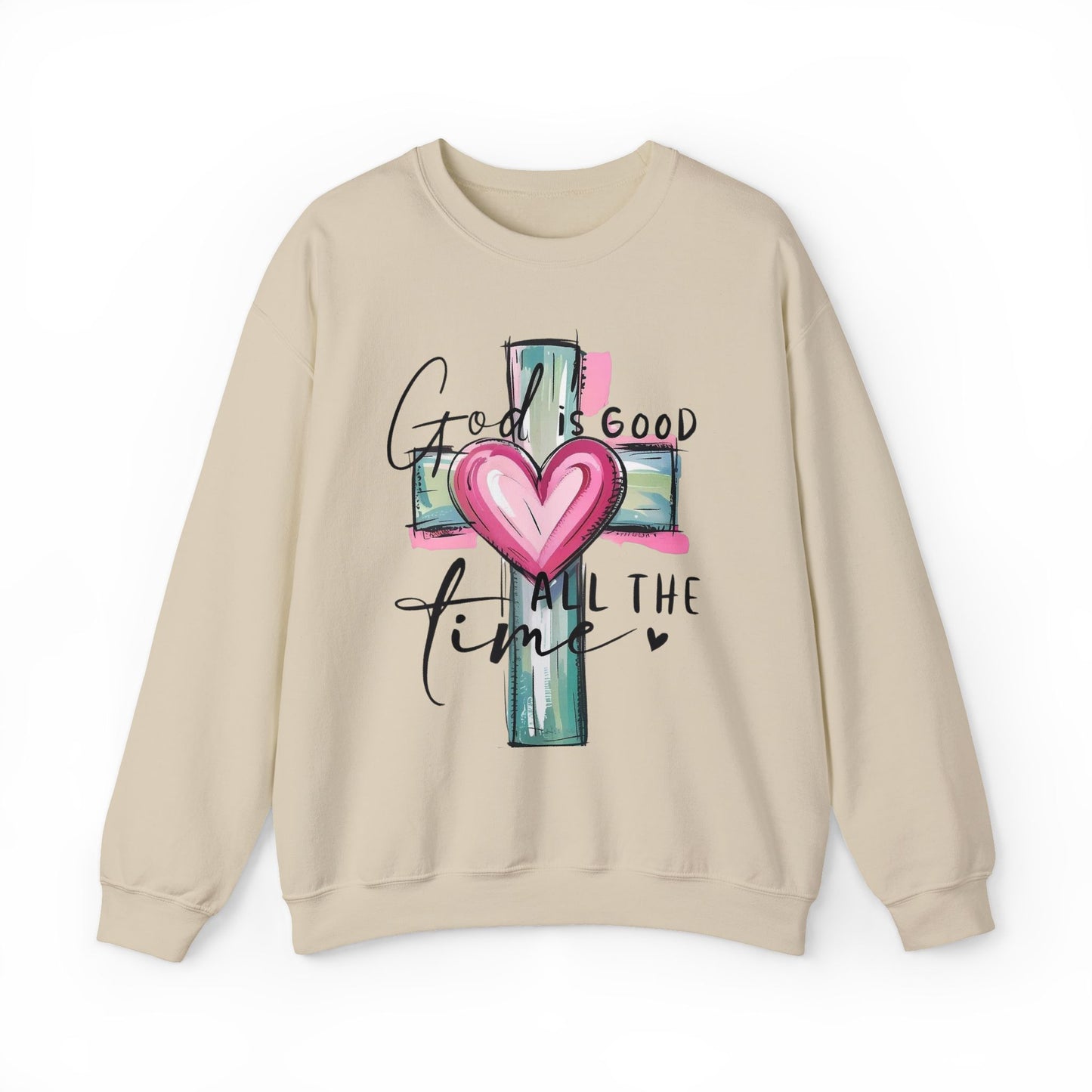 God Is Good Crewneck Sweatshirt — Cross Design with Pink Glow