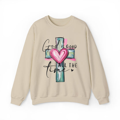 God Is Good Crewneck Sweatshirt — Cross Design with Pink Glow