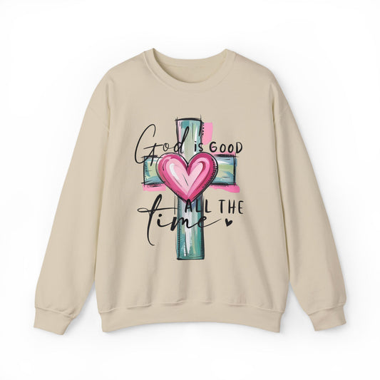 God Is Good Crewneck Sweatshirt — Cross Design with Pink Glow