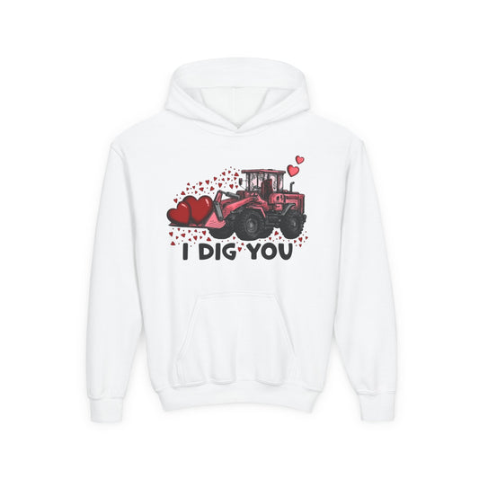 Youth Hoodie — 'I Dig You' Valentines Tractor Pullover
