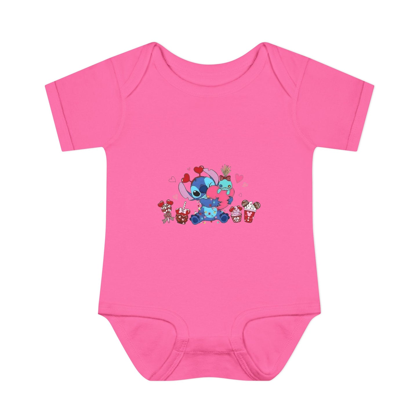 Stitch Valentine Baby Bodysuit — Cute Disney-Inspired Infant Onesie with Hearts & Treats