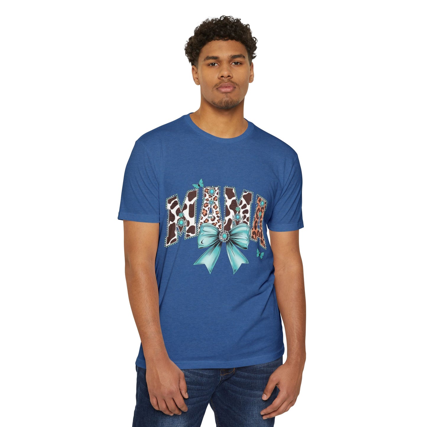 Mama Leopard Print Ribbon T‑Shirt — Teal Bow Mom Shirt