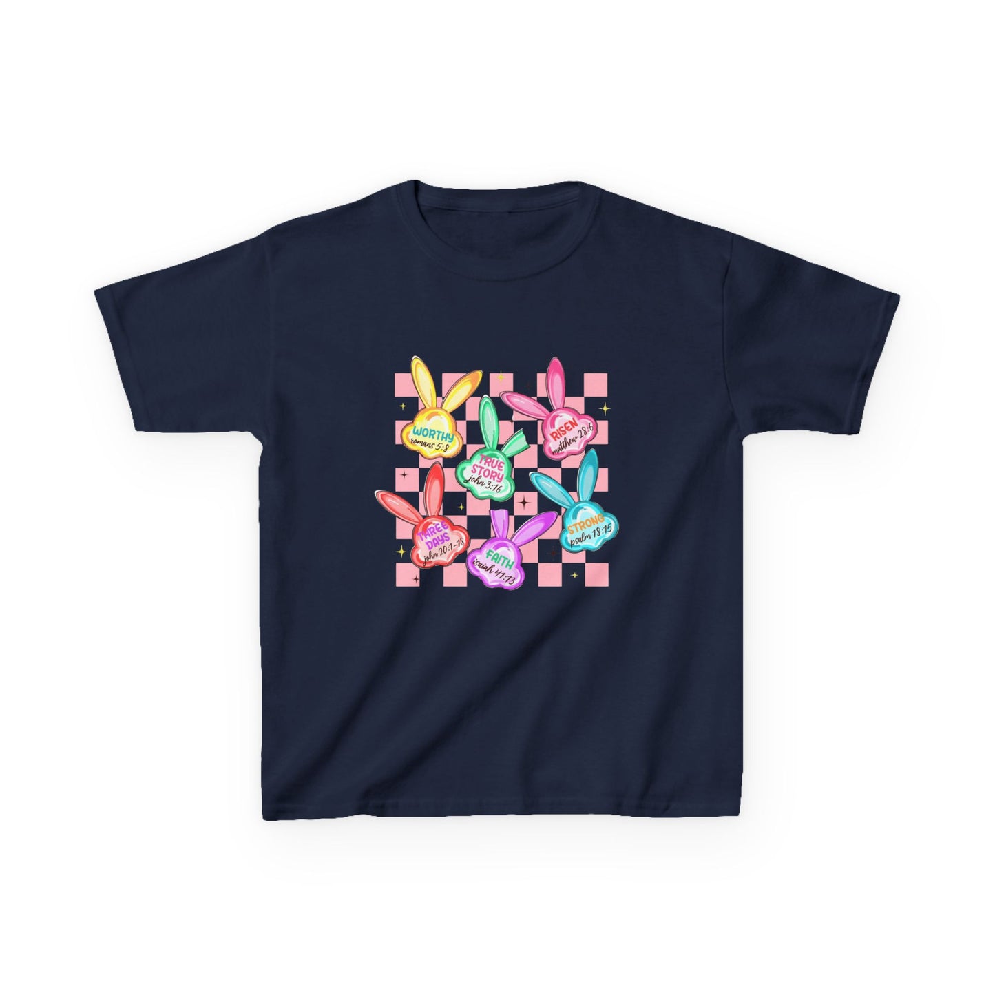Kids Tee — Colorful Pastel Bunny Badges “Hug Me” Graphic