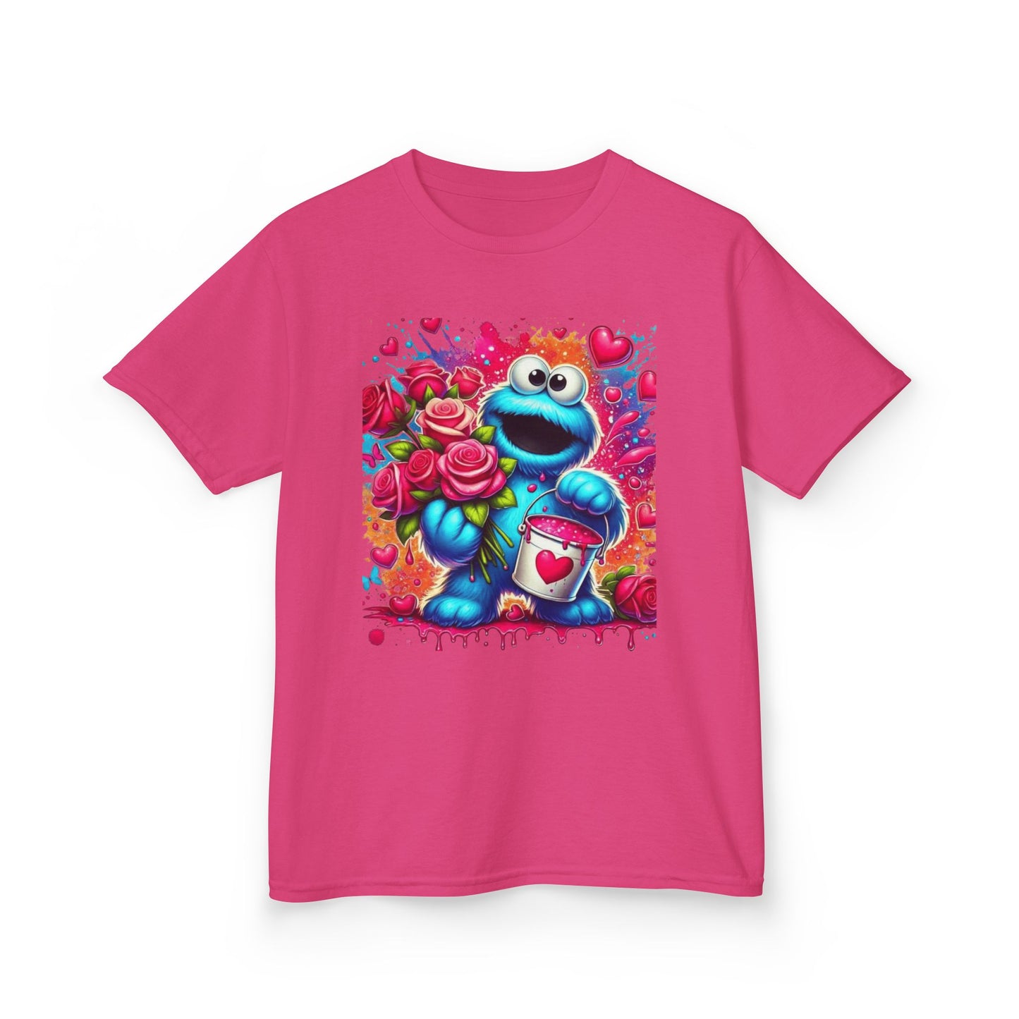 Valentine Blue Monster Kids Tee — Cute Fluffy Monster with Roses & Heart Paint