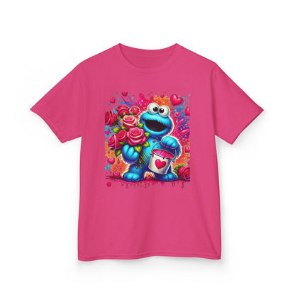 Valentine Blue Monster Kids Tee — Cute Fluffy Monster with Roses & Heart Paint