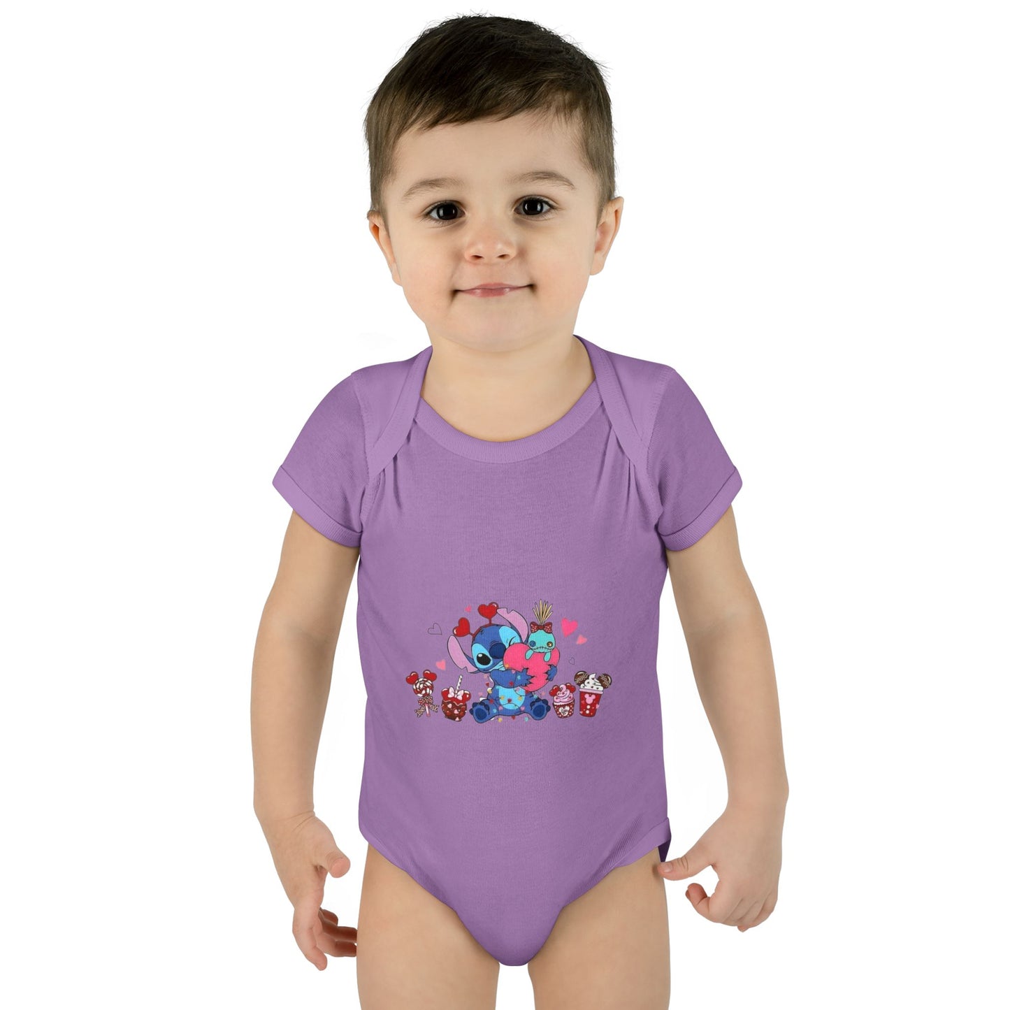Stitch Valentine Baby Bodysuit — Cute Disney-Inspired Infant Onesie with Hearts & Treats