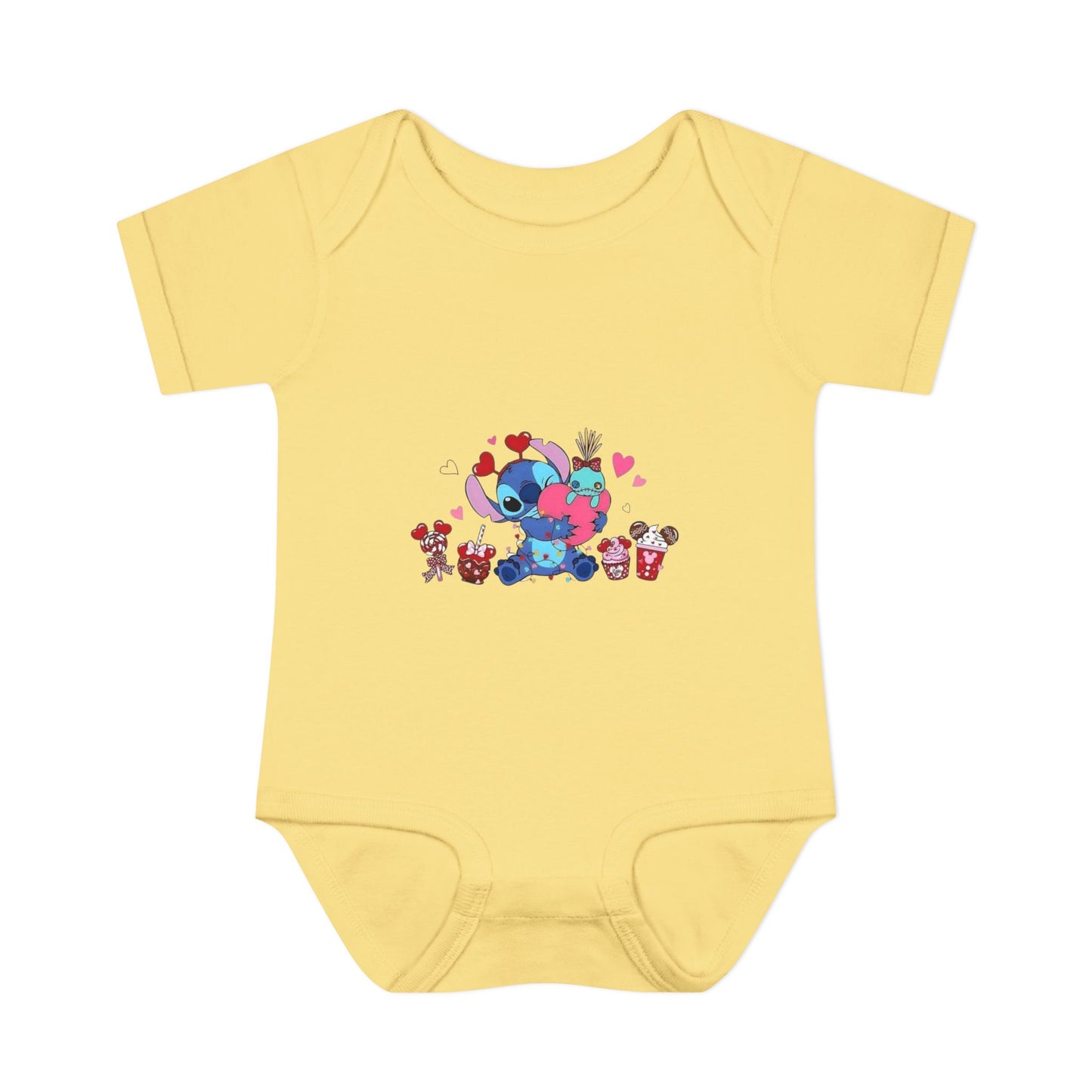 Stitch Valentine Baby Bodysuit — Cute Disney-Inspired Infant Onesie with Hearts & Treats