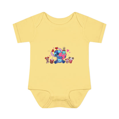 Stitch Valentine Baby Bodysuit — Cute Disney-Inspired Infant Onesie with Hearts & Treats