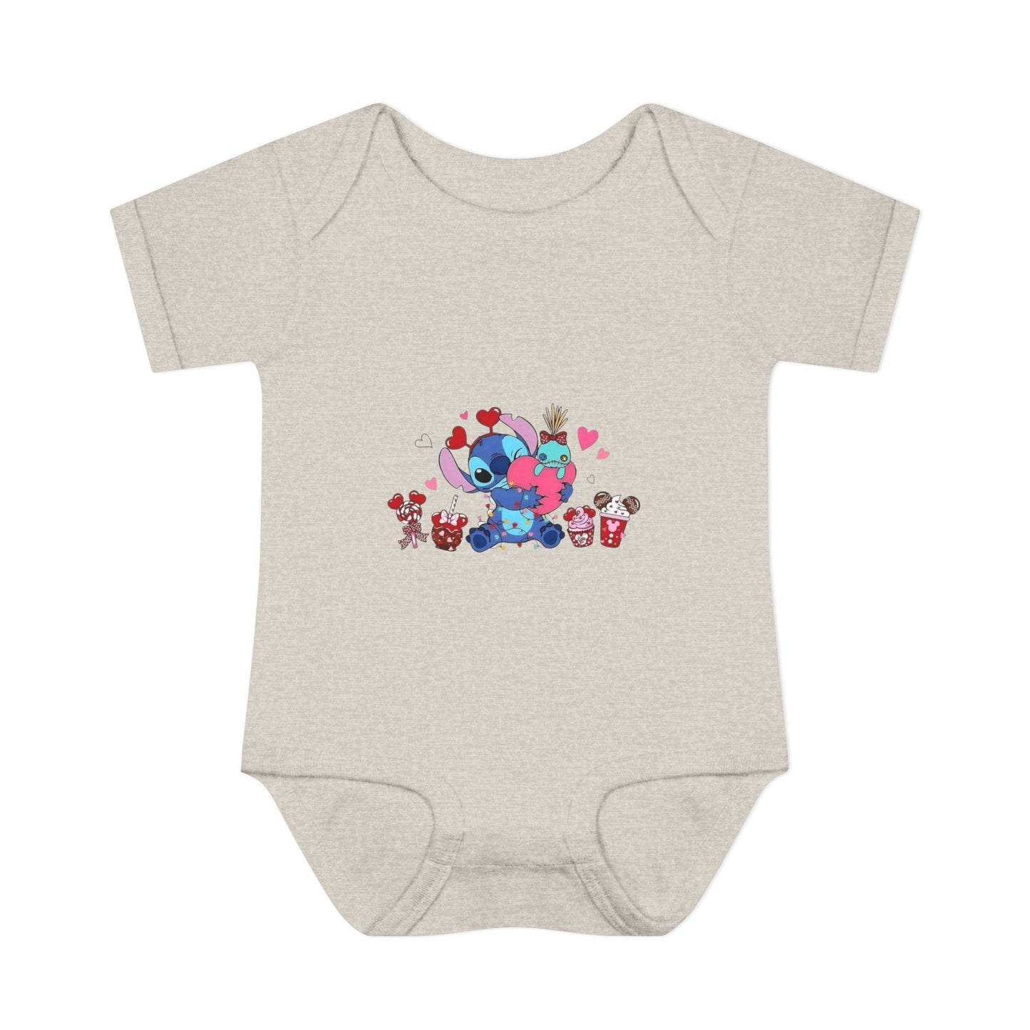 Stitch Valentine Baby Bodysuit — Cute Disney-Inspired Infant Onesie with Hearts & Treats