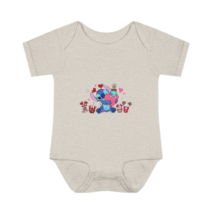 Stitch Valentine Baby Bodysuit — Cute Disney-Inspired Infant Onesie with Hearts & Treats