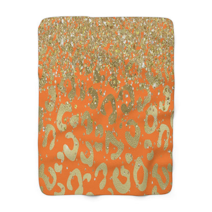 Gold Glitter Leopard Sherpa Blanket — Orange Animal Print Cozy Throw