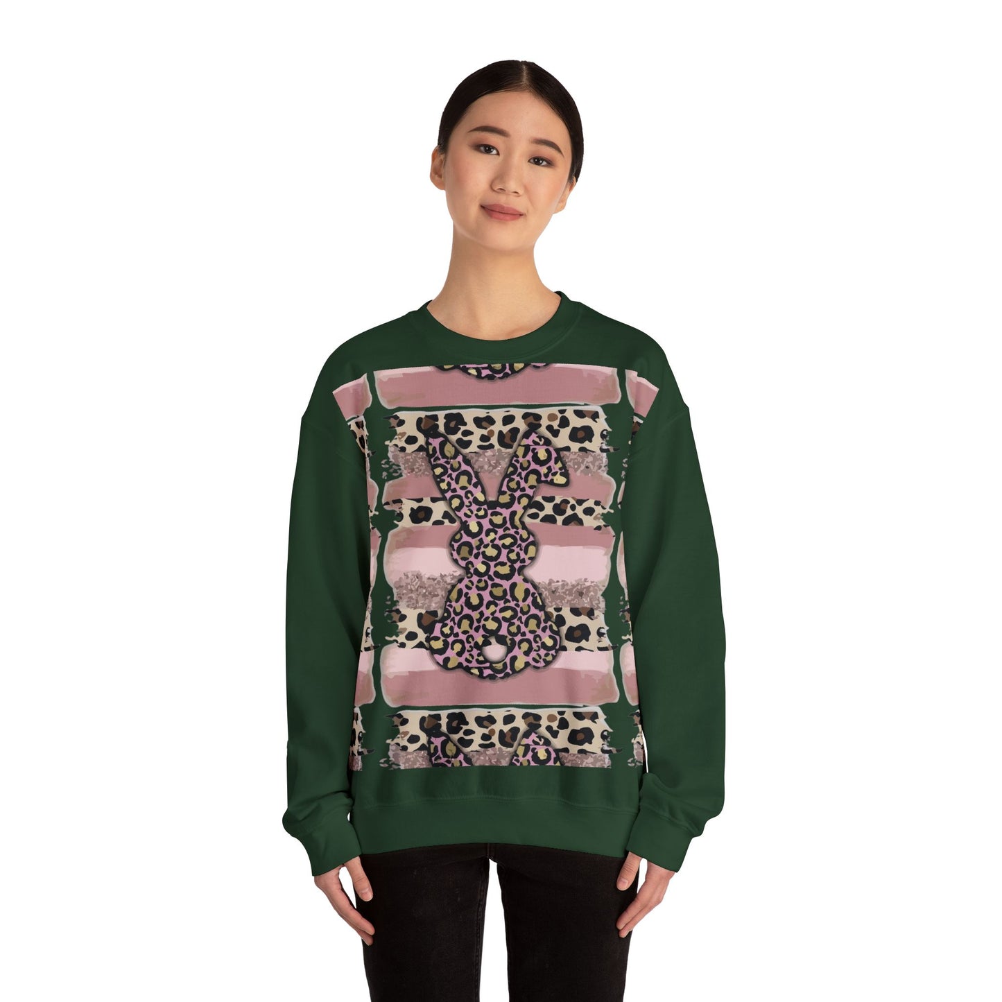 Leopard Print Bunny Crewneck Sweatshirt — Pink Striped Animal Easter Pullover