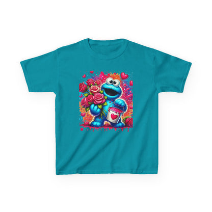 Valentine Blue Monster Kids Tee — Cute Fluffy Monster with Roses & Heart Paint