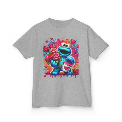 Valentine Blue Monster Kids Tee — Cute Fluffy Monster with Roses & Heart Paint