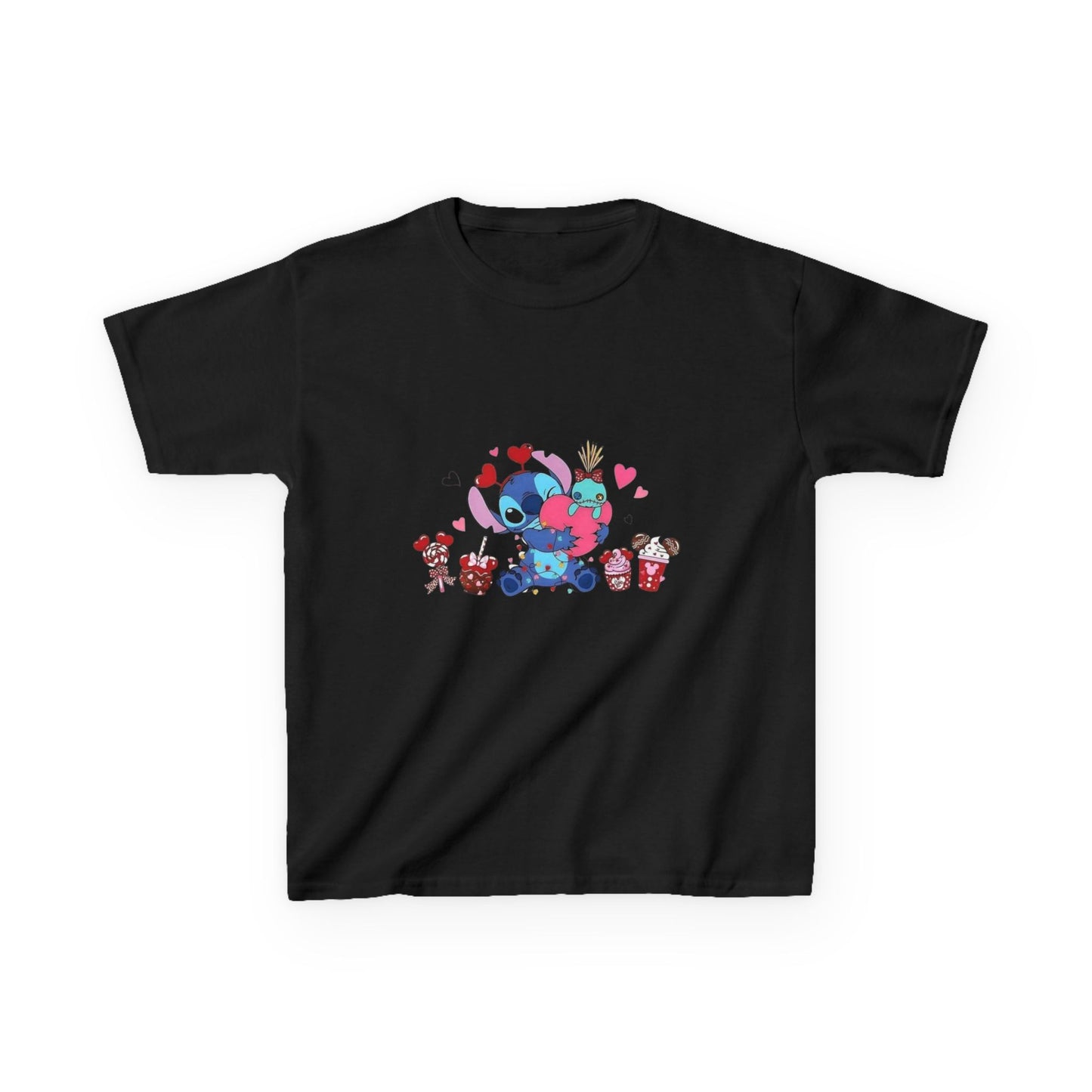Stitch- Kids Valentine Alien Tee — Cute Blue Alien Hugging Pink Heart Plushie