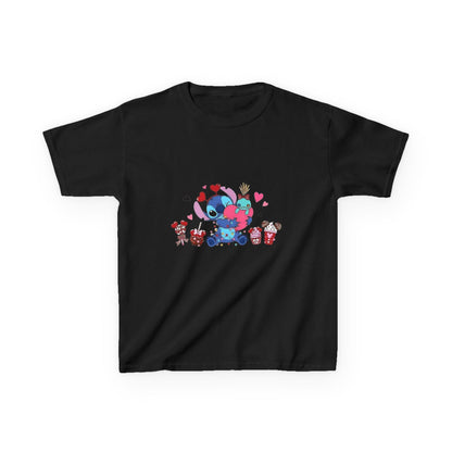 Stitch- Kids Valentine Alien Tee — Cute Blue Alien Hugging Pink Heart Plushie