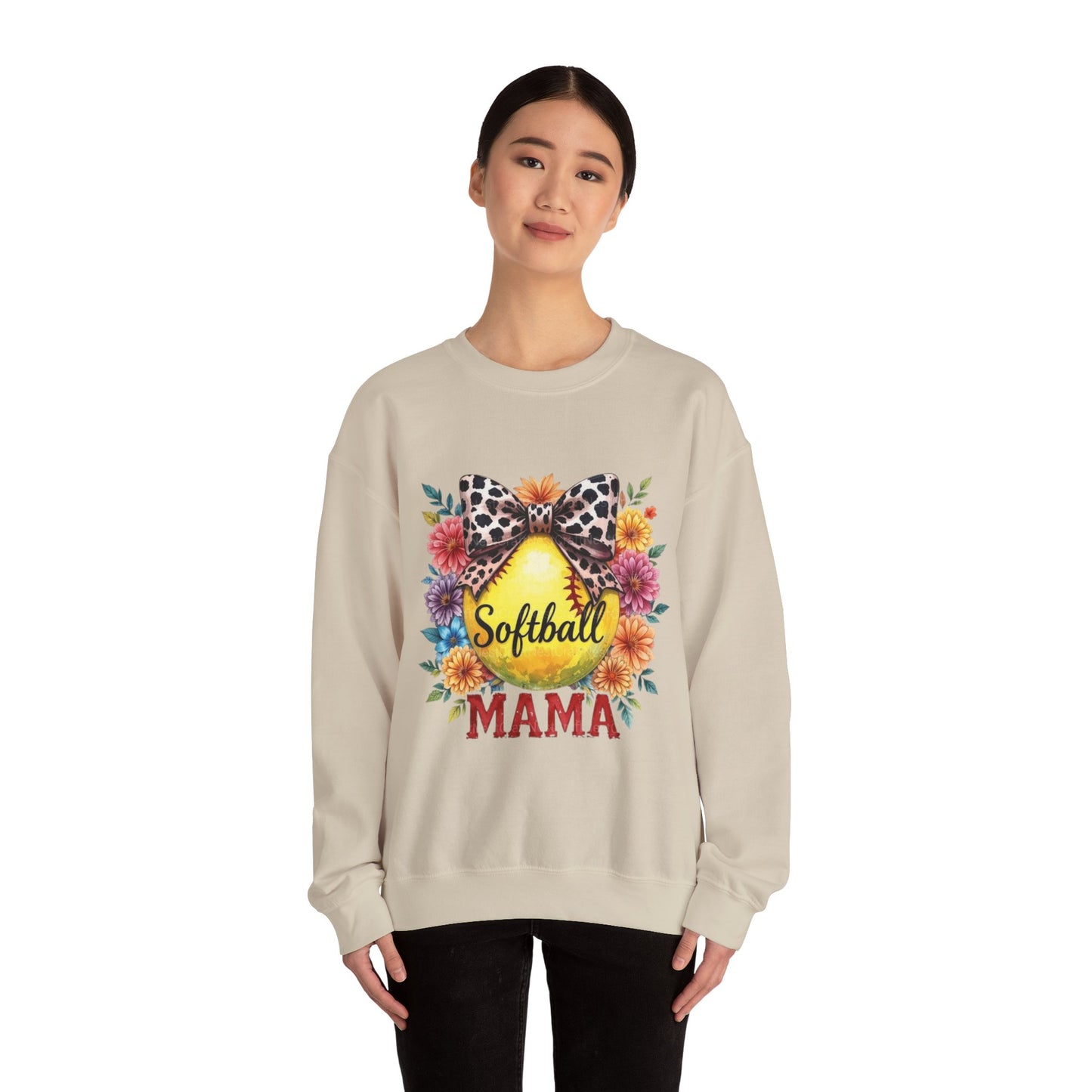 Softball Mama Crewneck Sweatshirt — Floral Softball Design with Leopard Bow