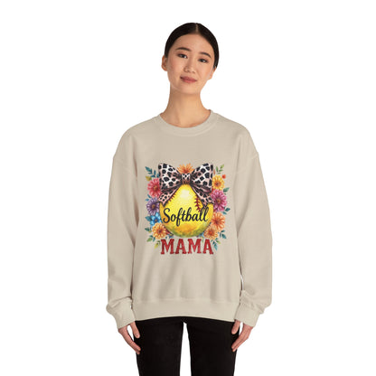 Softball Mama Crewneck Sweatshirt — Floral Softball Design with Leopard Bow
