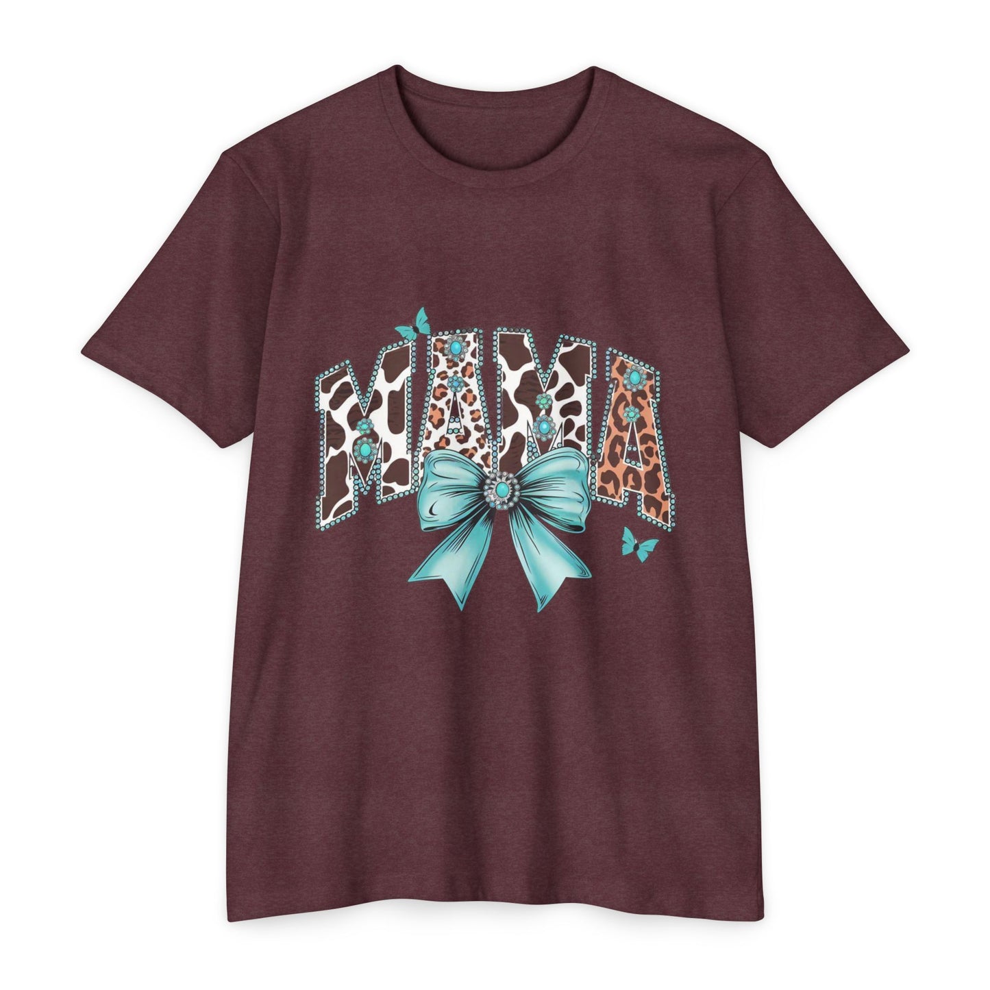 Mama Leopard Print Ribbon T‑Shirt — Teal Bow Mom Shirt