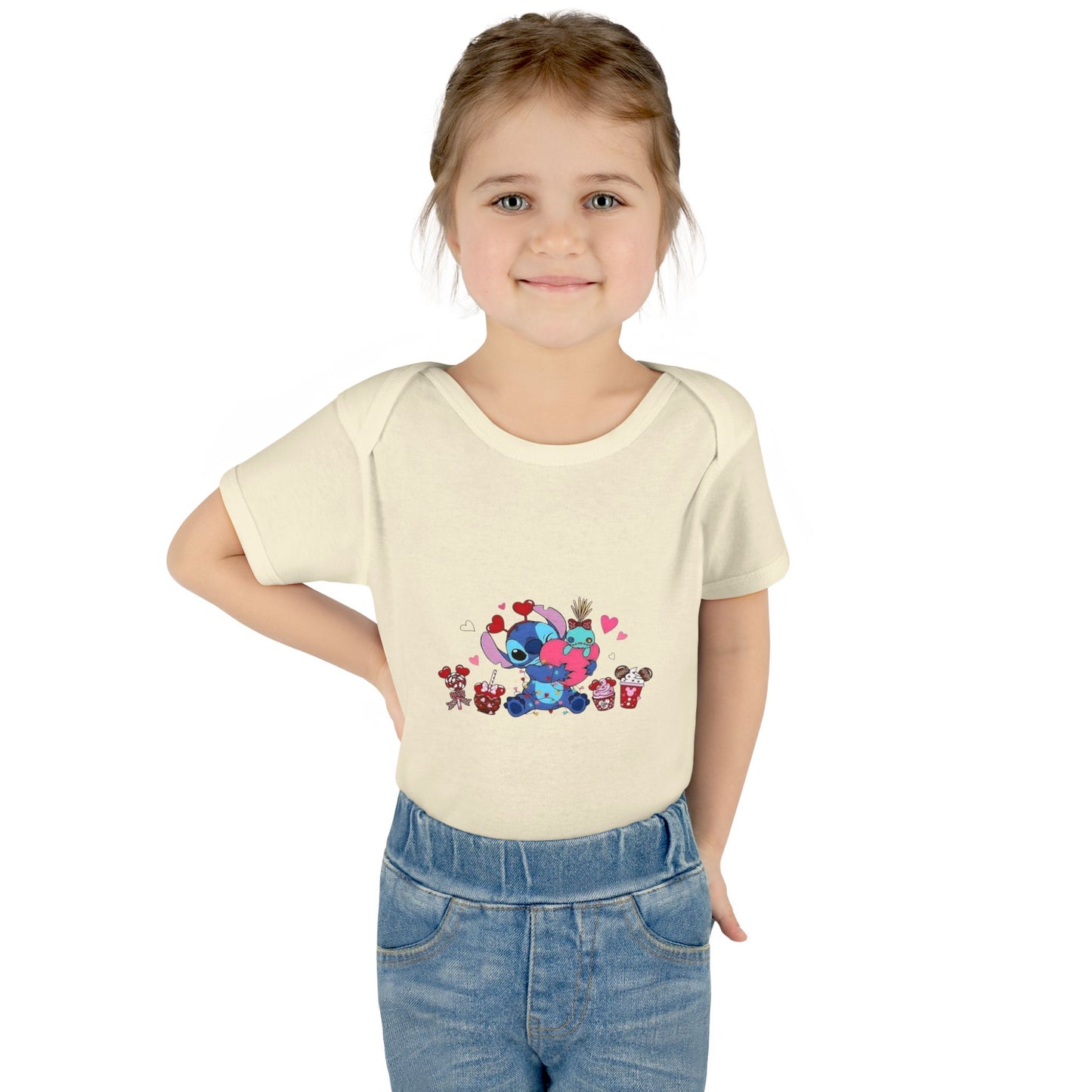 Stitch Valentine Baby Bodysuit — Cute Disney-Inspired Infant Onesie with Hearts & Treats
