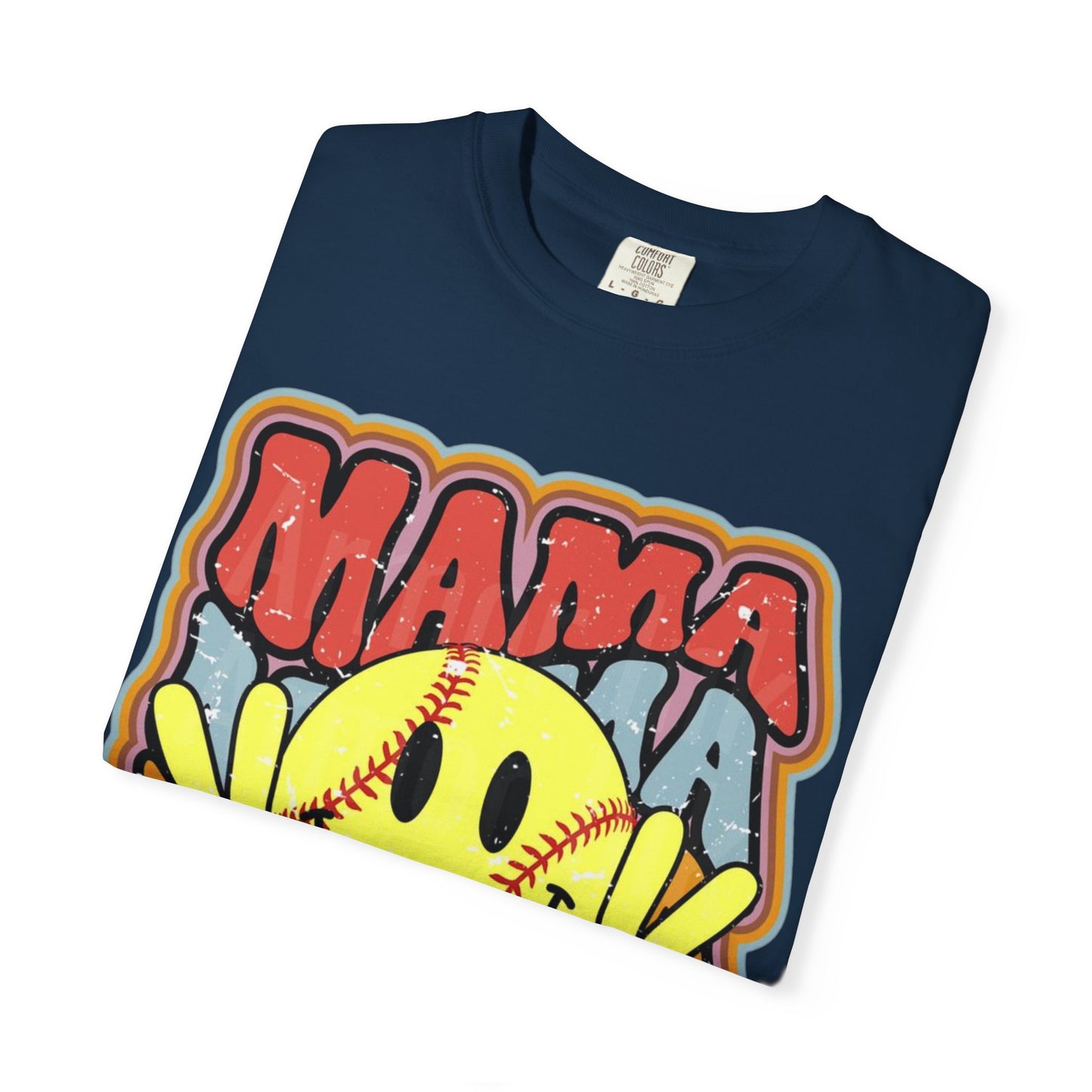 Mama Softball Smile T-Shirt — Retro Peace Sign Softball Mom Tee