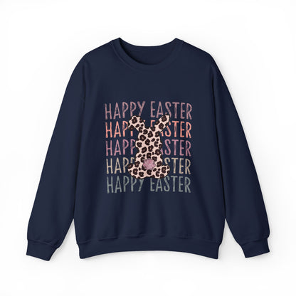 Easter Leopard Bunny Sweatshirt — "Happy Easter" Pastel Graphic Crewneck