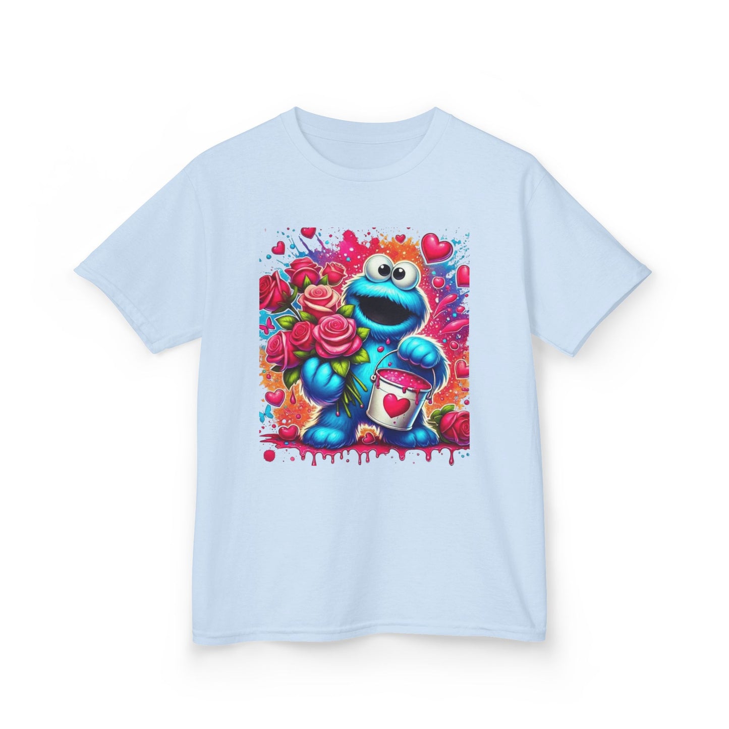 Valentine Blue Monster Kids Tee — Cute Fluffy Monster with Roses & Heart Paint