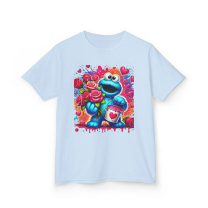 Valentine Blue Monster Kids Tee — Cute Fluffy Monster with Roses & Heart Paint