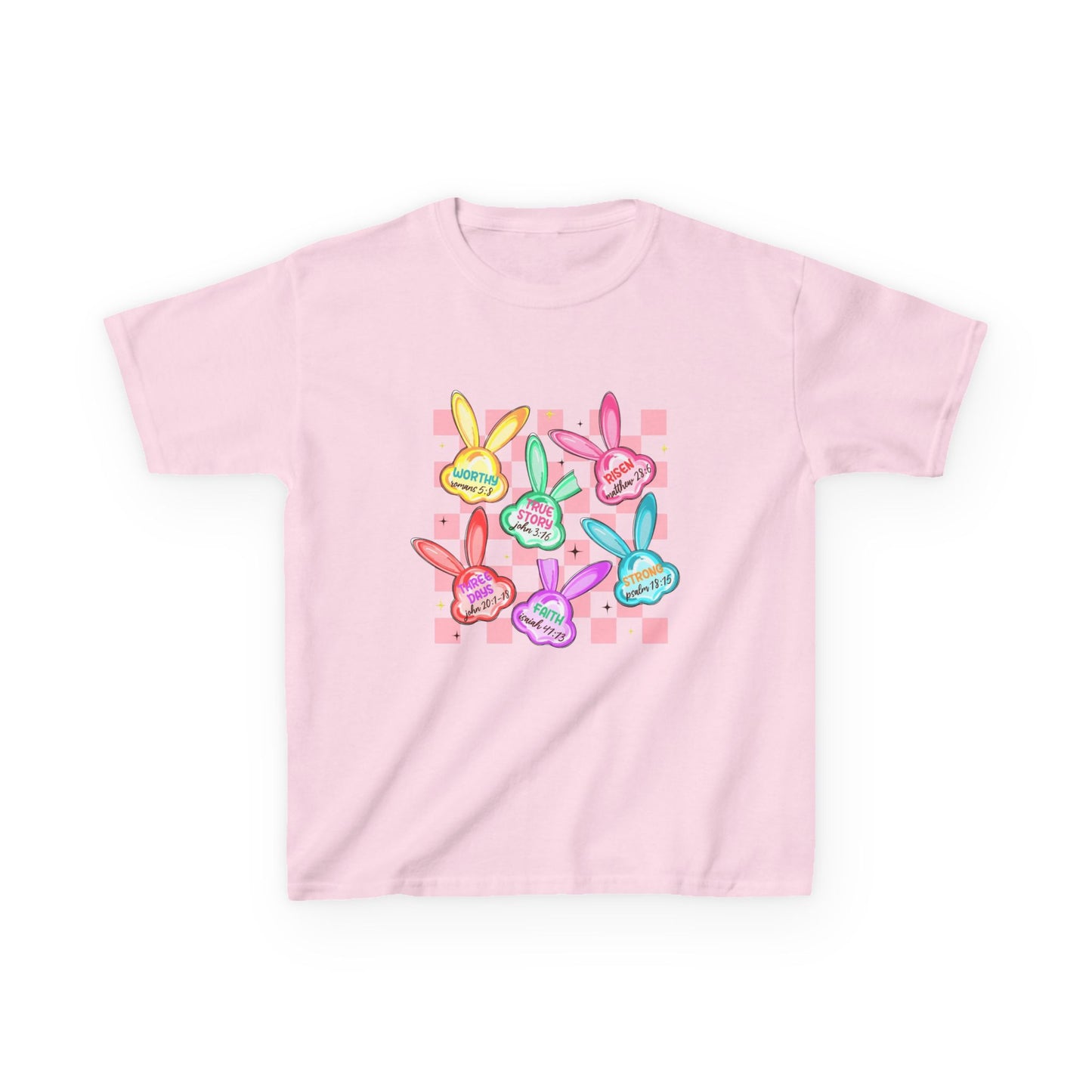 Kids Tee — Colorful Pastel Bunny Badges “Hug Me” Graphic