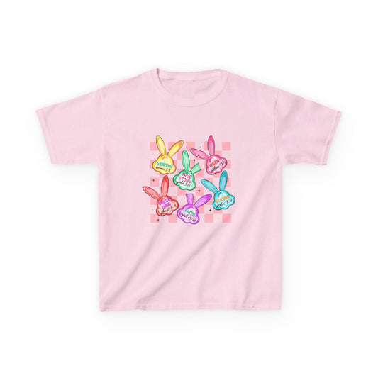 Kids Tee — Colorful Pastel Bunny Badges “Hug Me” Graphic