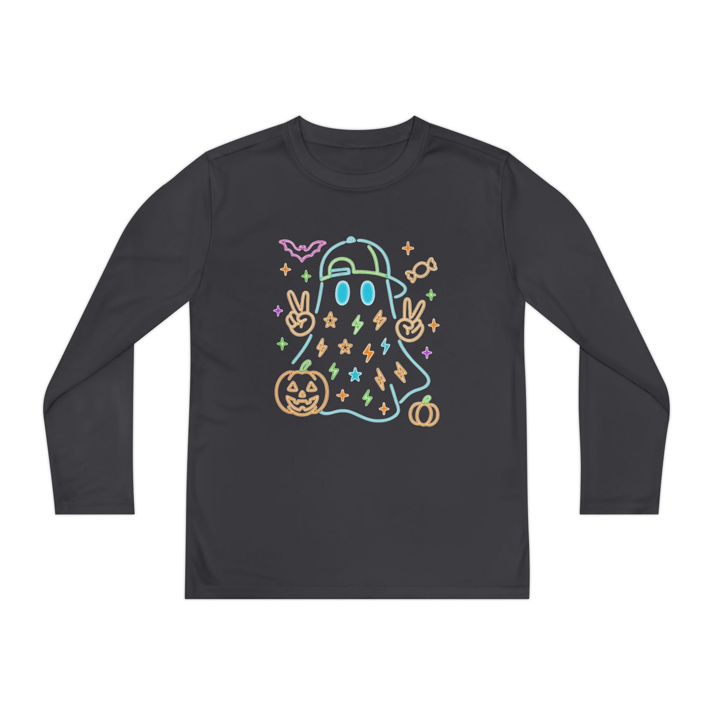 Youth Long Sleeve Ghost Tee, Halloween Shirt, Pumpkin Design, Cute Apparel, Kids' Holiday Wear, Spooky Fun Top