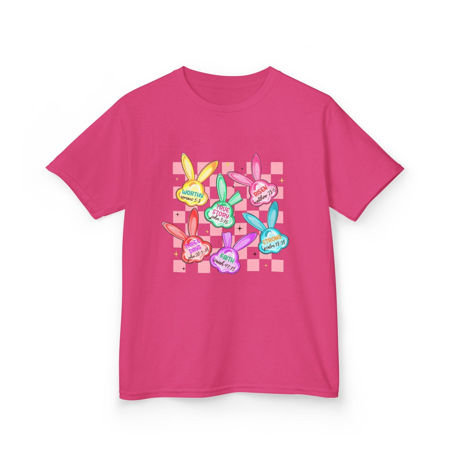 Kids Tee — Colorful Pastel Bunny Badges “Hug Me” Graphic
