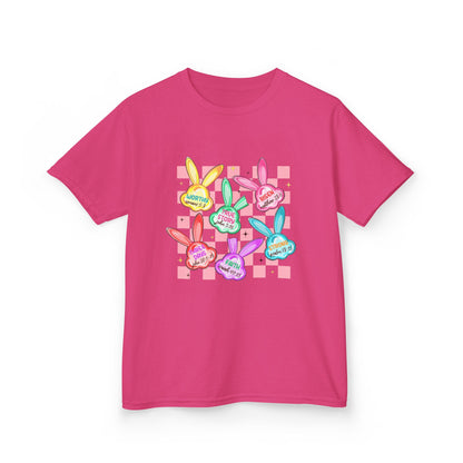 Kids Tee — Colorful Pastel Bunny Badges “Hug Me” Graphic