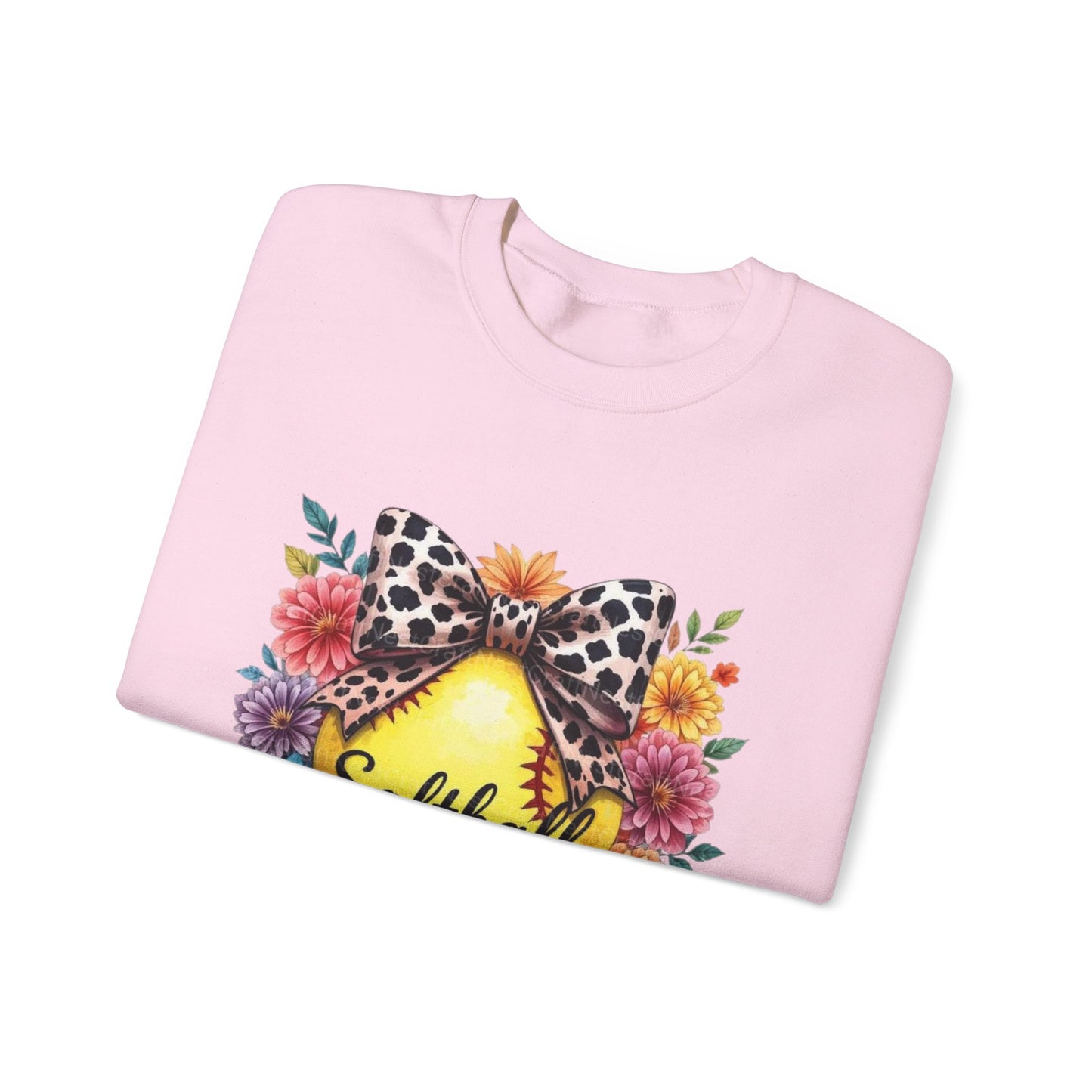 Softball Mama Crewneck Sweatshirt — Floral Softball Design with Leopard Bow