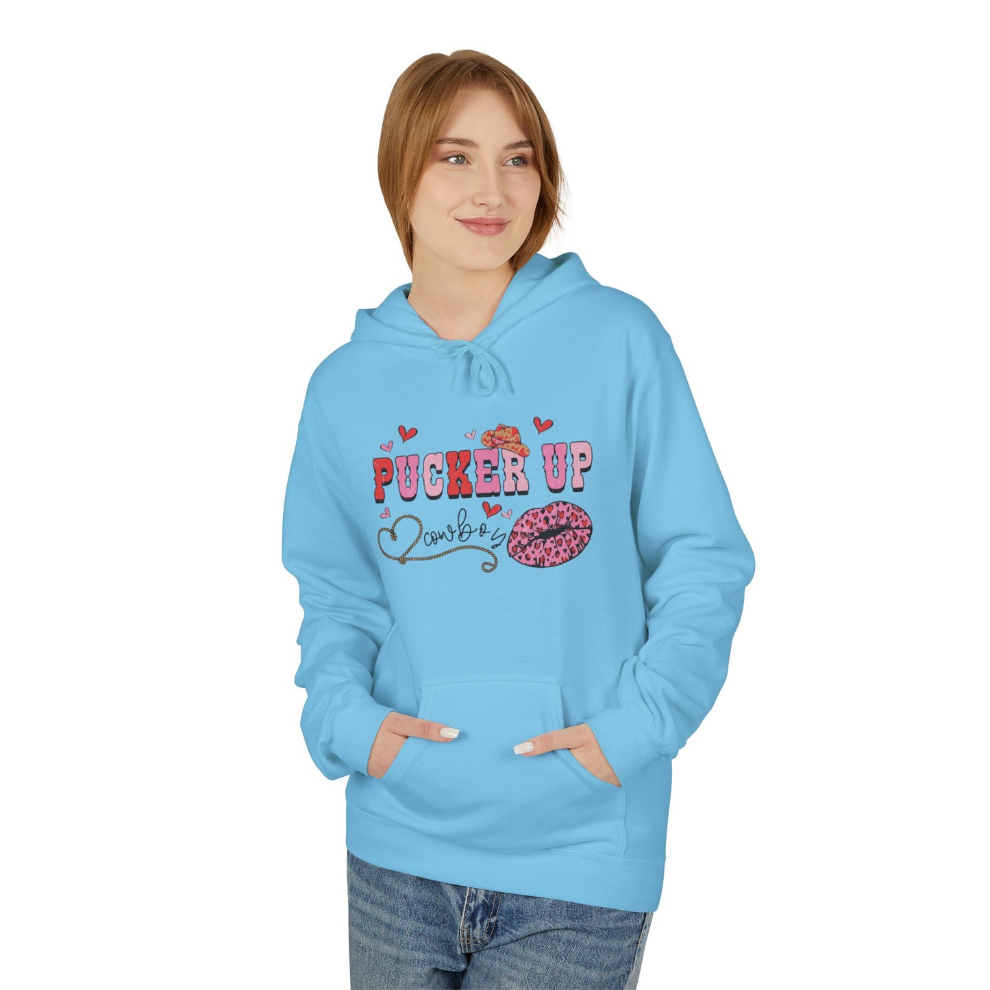 Pucker Up Hoodie — Pink Lip Print Valentine’s Graphic Sweatshirt