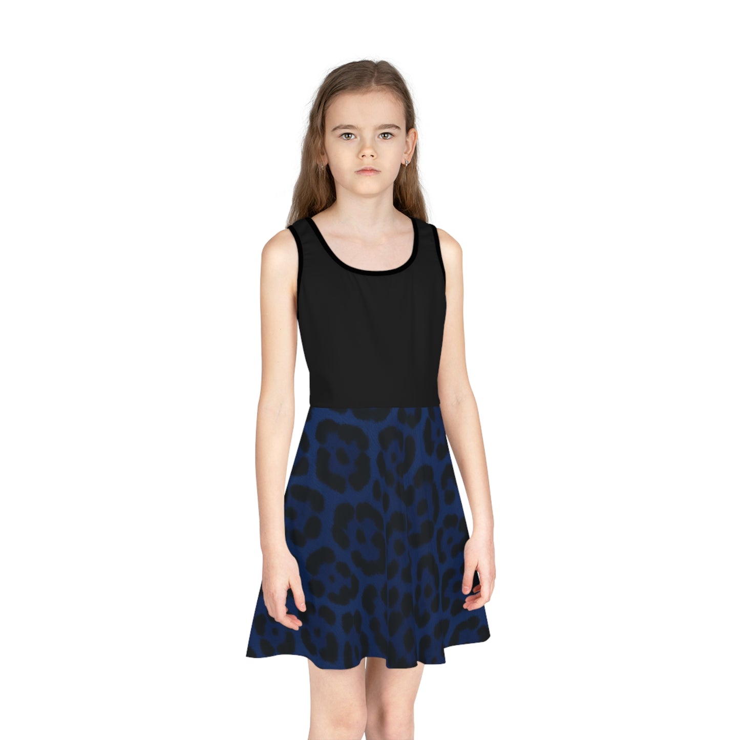 Blue Leopard Print Girls' Sundress, Fashionable Spring Dress, Perfect for Summer Parties, Daily Wear, Special Occasions