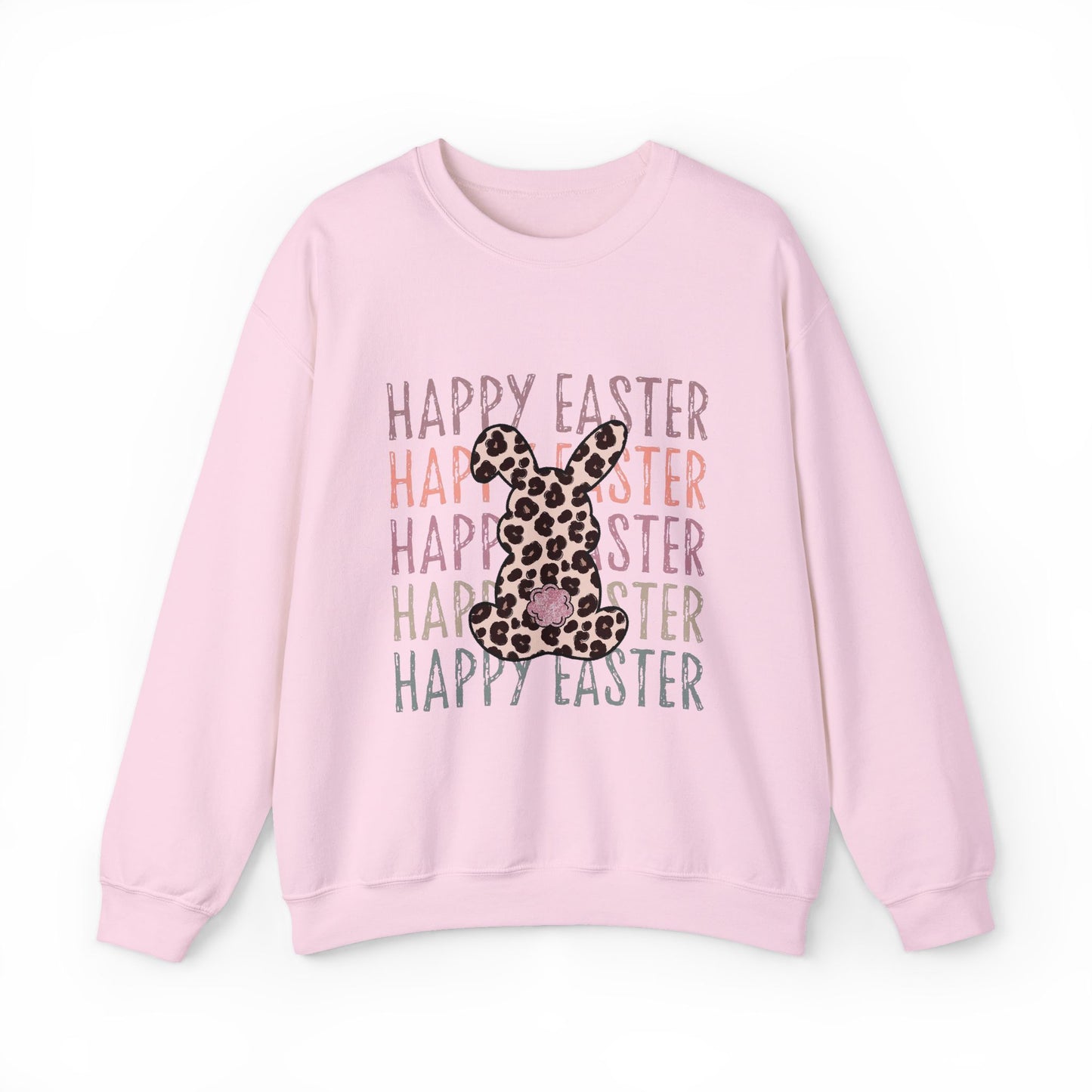Easter Leopard Bunny Sweatshirt — "Happy Easter" Pastel Graphic Crewneck