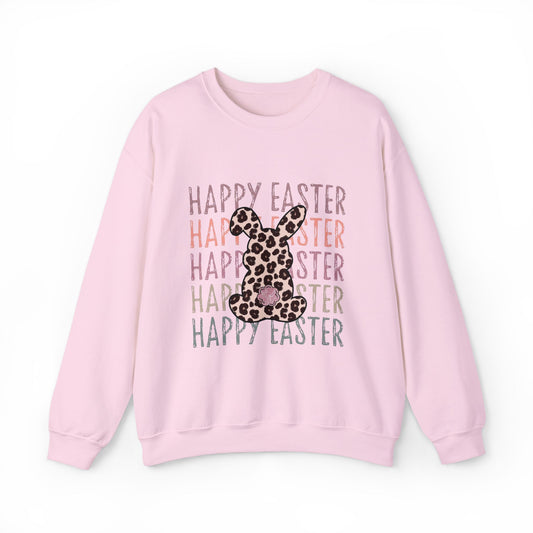 Easter Leopard Bunny Sweatshirt — "Happy Easter" Pastel Graphic Crewneck