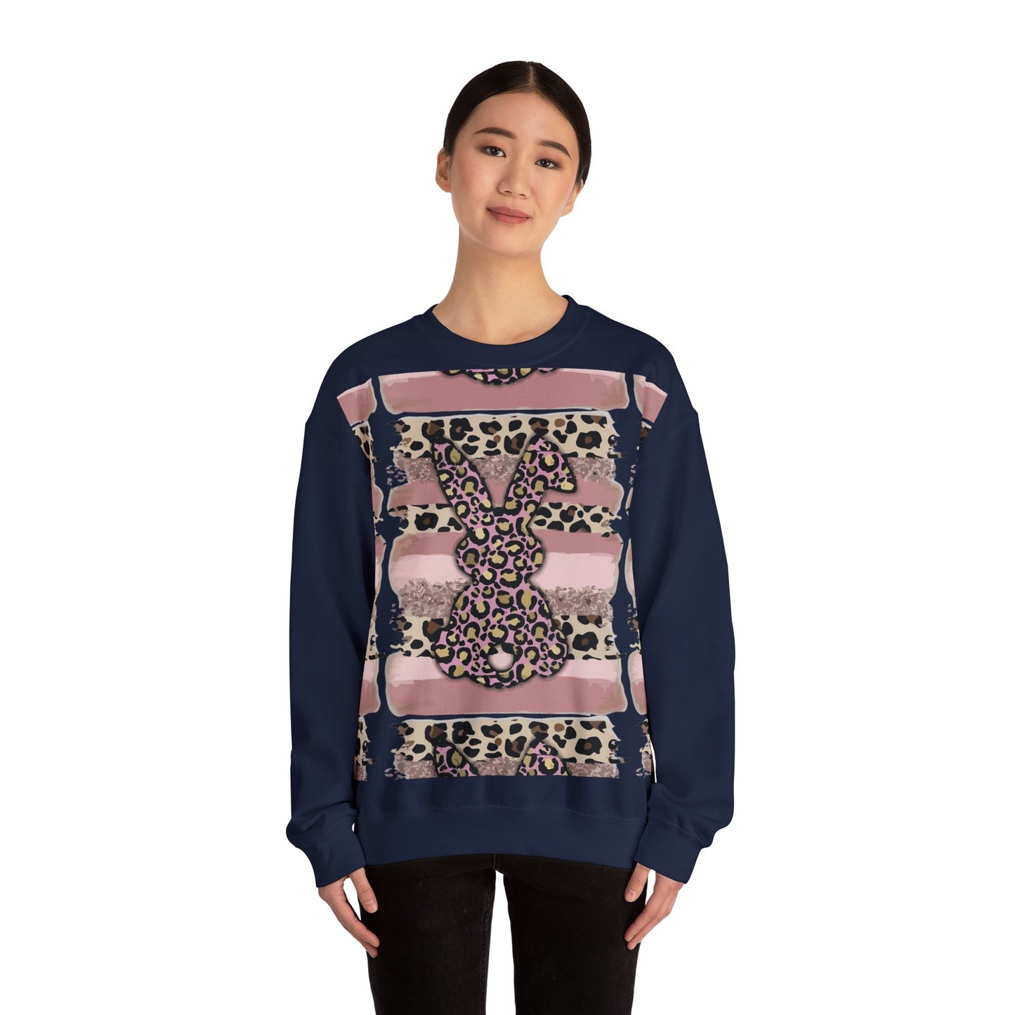 Leopard Print Bunny Crewneck Sweatshirt — Pink Striped Animal Easter Pullover
