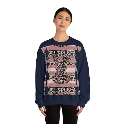 Leopard Print Bunny Crewneck Sweatshirt — Pink Striped Animal Easter Pullover