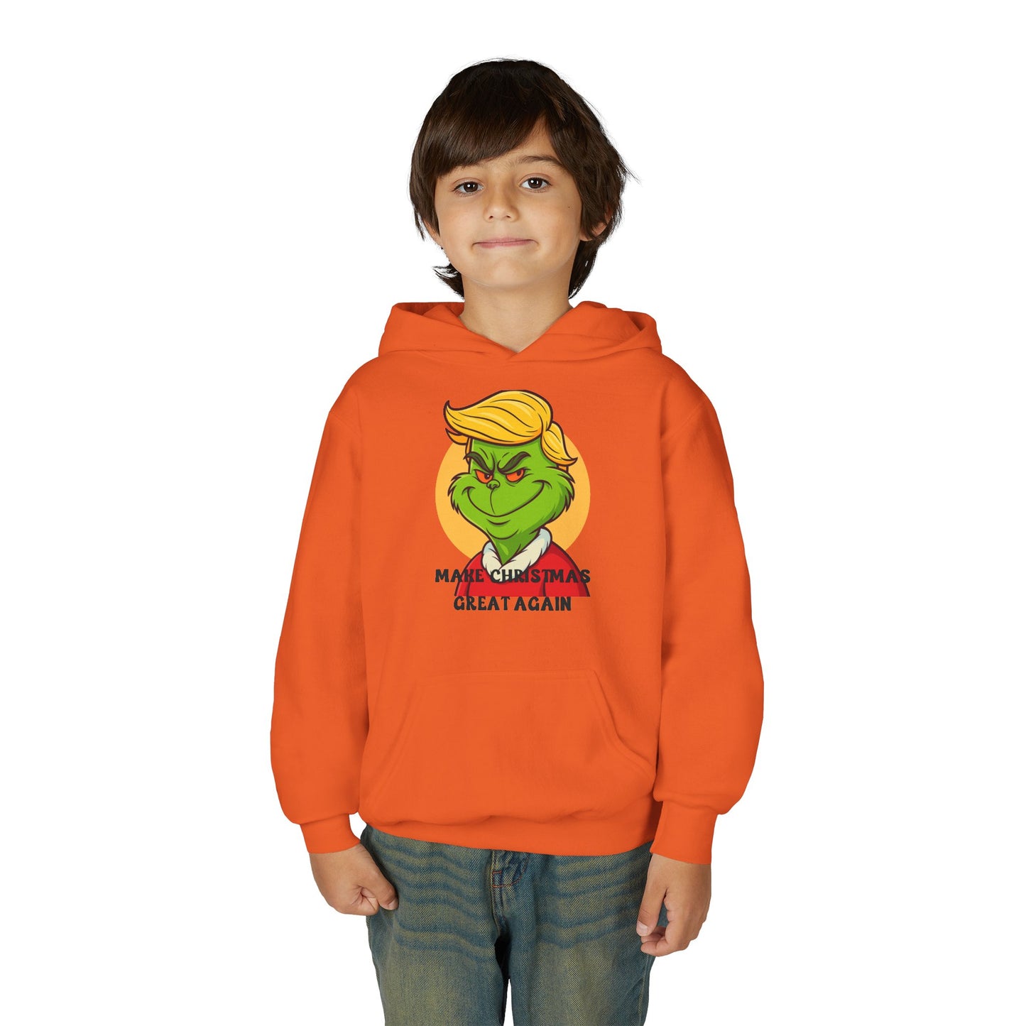 Youth Hoodie — Grinch Face Holiday Sweatshirt with 'Make Christmas Great Again' Text