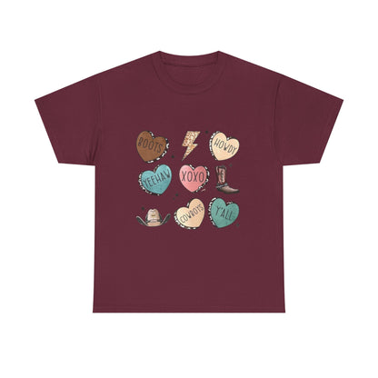 Cowgirl Candy Heart Tee — Cute Western Hearts Graphic T-Shirt (XOXO, Howdy, Y'all)