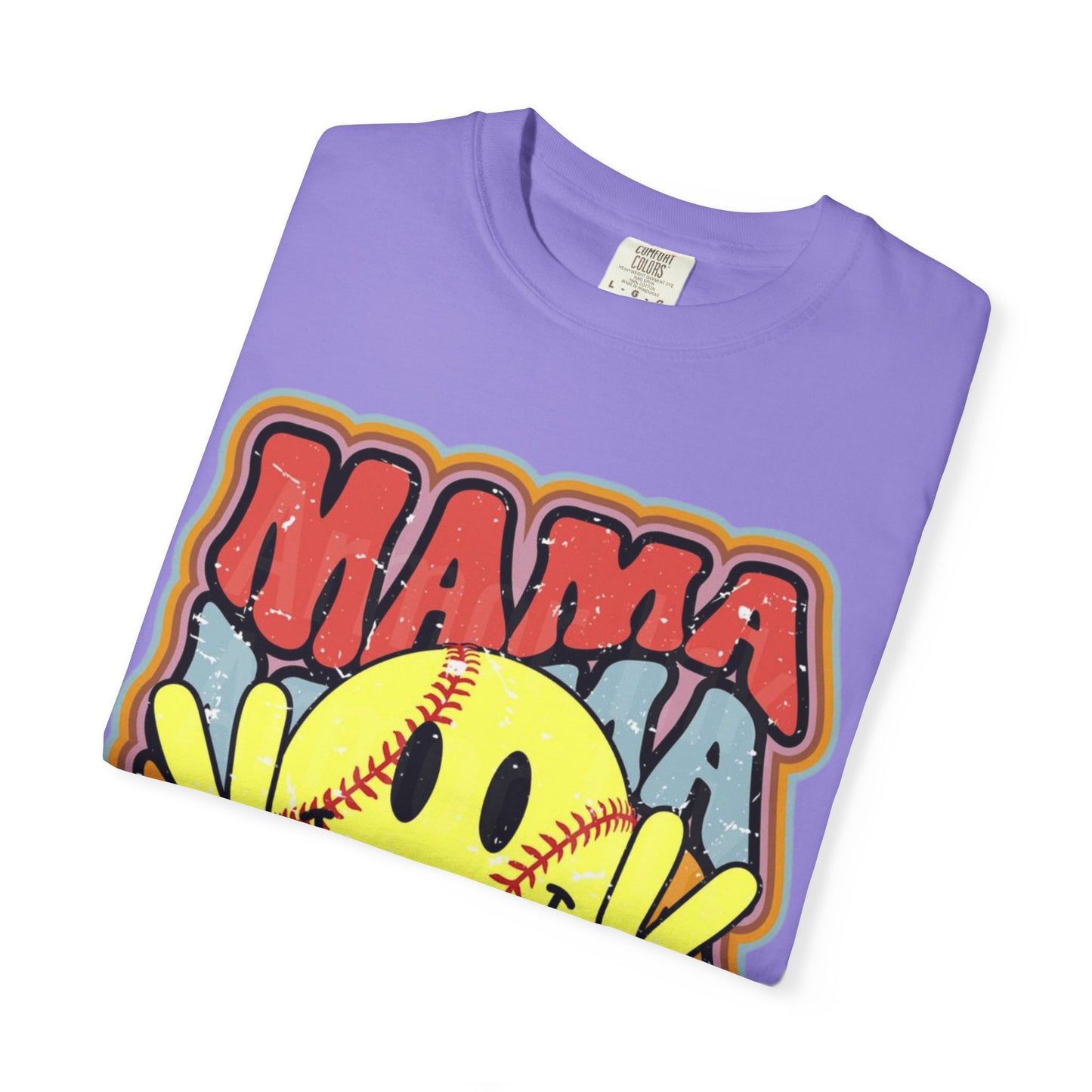 Mama Softball Smile T-Shirt — Retro Peace Sign Softball Mom Tee