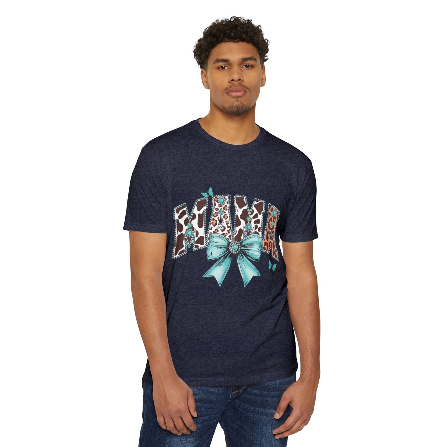 Mama Leopard Print Ribbon T‑Shirt — Teal Bow Mom Shirt