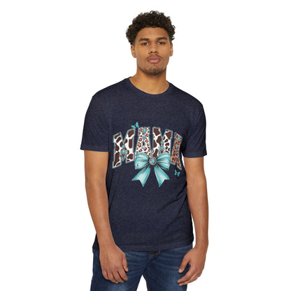 Mama Leopard Print Ribbon T‑Shirt — Teal Bow Mom Shirt