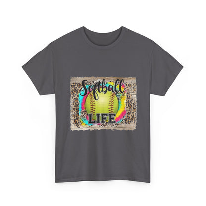 Softball Life Tee — Neon Softball Graphic with Leopard Accent