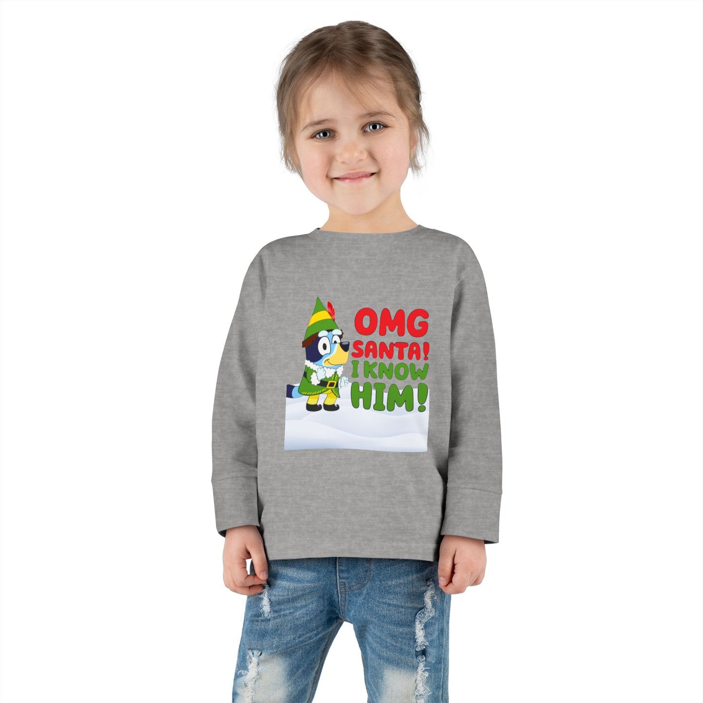 BLUE-Y Toddler Long Sleeve Tee — "OMG Santa! I Know Him!" DOG Christmas Shirt