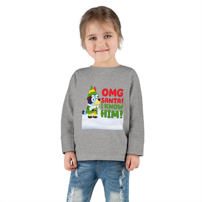 BLUE-Y Toddler Long Sleeve Tee — "OMG Santa! I Know Him!" DOG Christmas Shirt